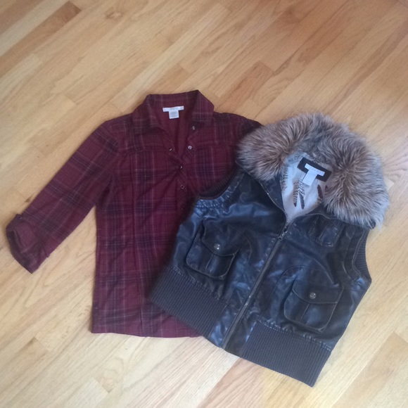 Charlotte Russe plaid shirt & faux fur collar vest - Picture 2 of 8